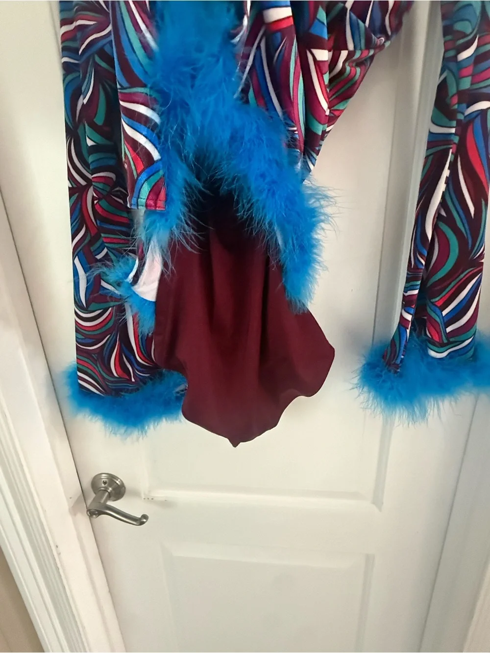 Weissman Multicolor Swirl Dress with Blue Feather Trim and Headband